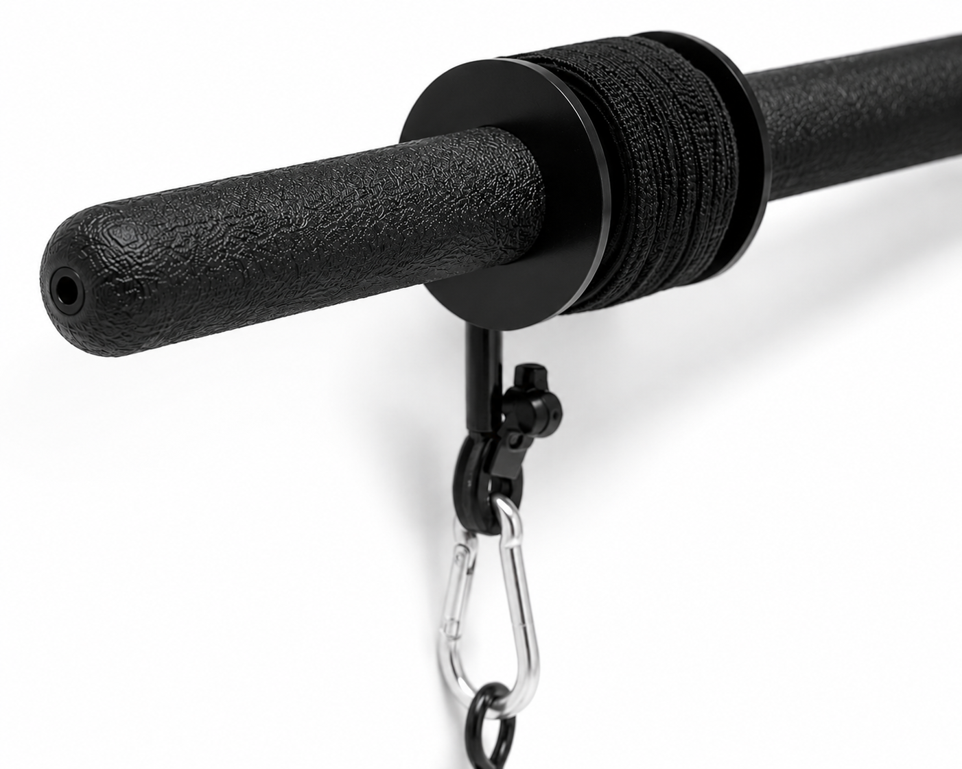 Close-up of black wrist roller handle and attached training strap