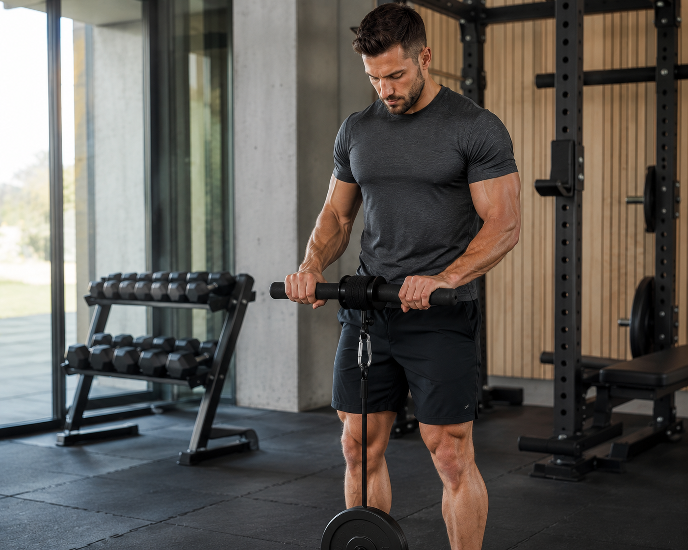 Man using a wrist roller for forearm and grip strength training